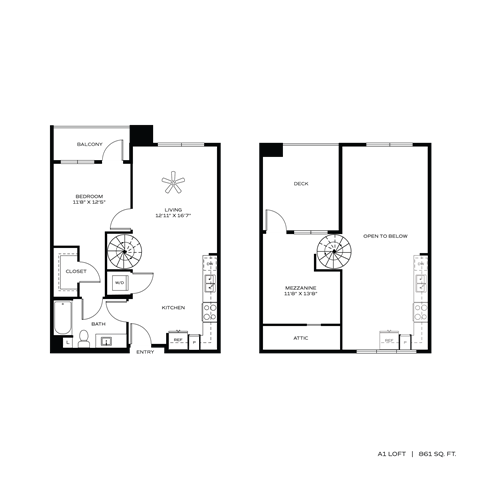 Floor plan for 1 bed, 861 sqft